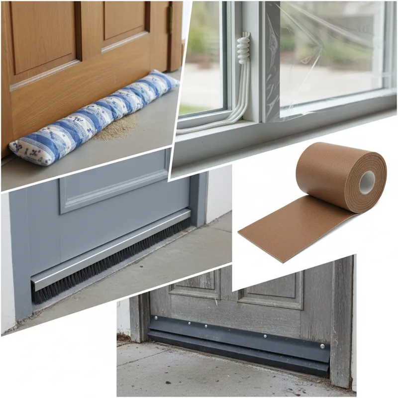 A collage of various draft stoppers: a fabric door snake, an under door sweep, window insulation film, foam weatherstripping, a gap filler for windows