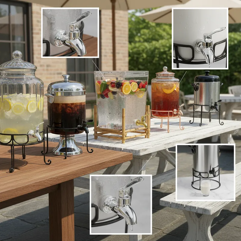 A diverse collection of drink dispensers with stands, showcasing different materials like clear glass, insulated stainless steel, and durable acrylic,