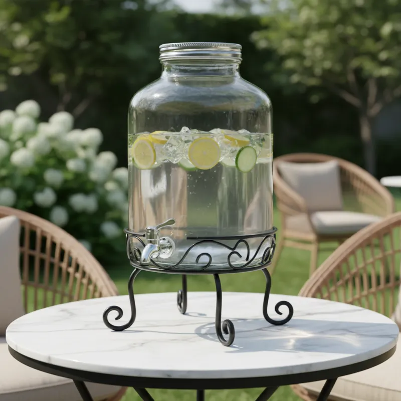 A beautifully clear, large glass drink dispenser with a polished stainless steel spigot, sitting securely on an ornate black wrought iron stand. It co