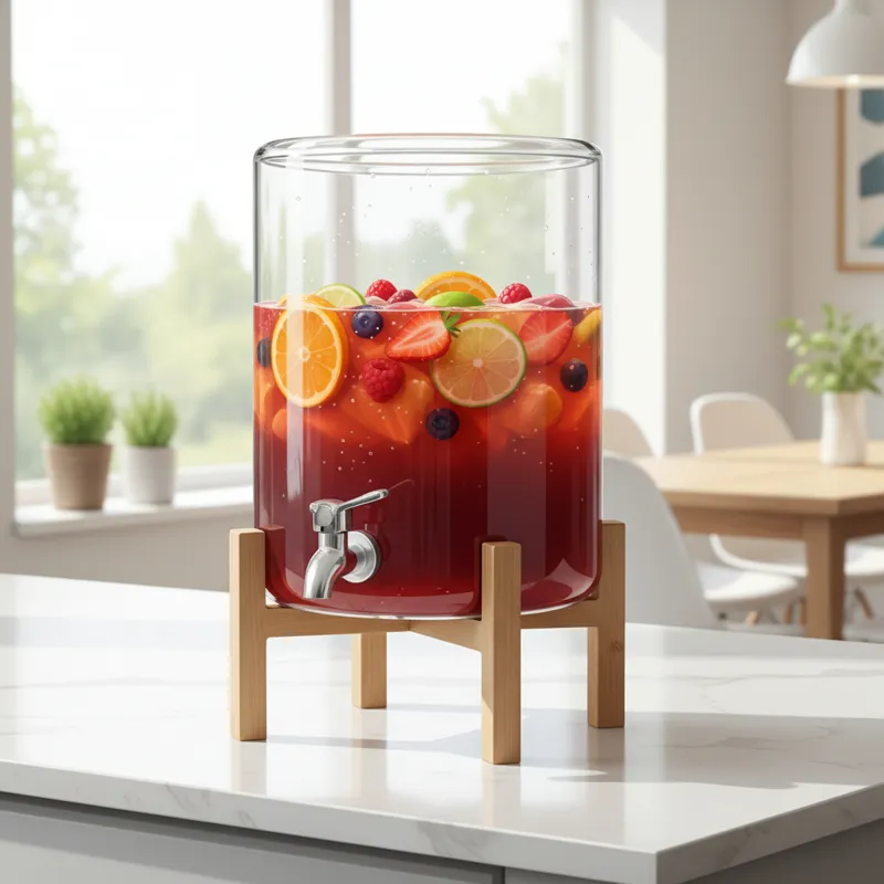 A sleek, transparent acrylic drink dispenser with clean lines and a simple, push-button spigot, resting on a light-colored, minimalist bamboo stand. I