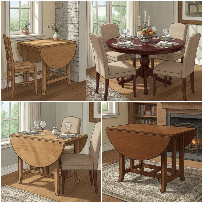 A collage of three distinct drop leaf dining table types: a single drop leaf table tucked against a wall, a double drop leaf table fully extended in a