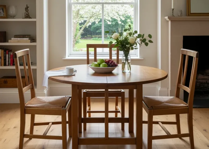 A rustic wooden drop leaf dining table in a small kitchen, with one leaf extended and two chairs, highlighting its space-saving and versatile design for compact dining areas.