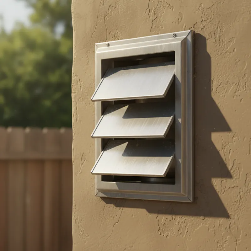 A detailed close-up shot of an exterior dryer vent cover, clearly showing its flaps or grille, with sunlight highlighting the texture of the material