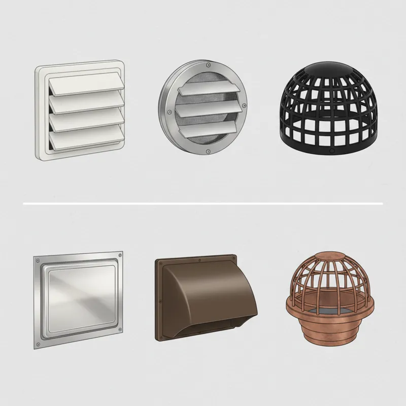 A split image showing various types of dryer vent covers side-by-side, highlighting different materials like plastic and metal, and designs like louve