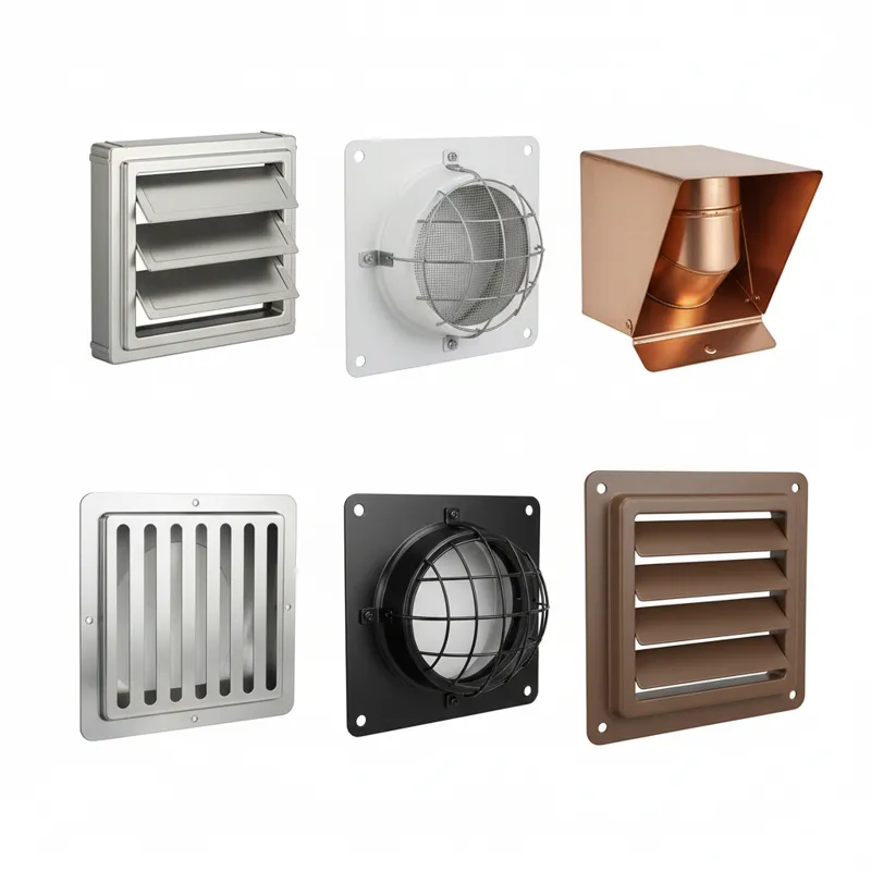 A collage featuring six distinct dryer vent covers, each photographed individually and then arranged, showcasing their different designs, materials, a