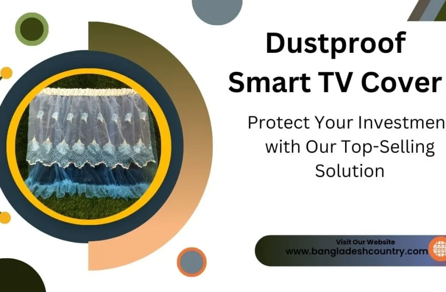 Promotional banner for a Dustproof Smart TV Cover featuring a decorative lace cover image within a circular frame, with text reading 'Protect Your Investment with Our Top-Selling Solution' and website link www.bangladeshcountry.com.