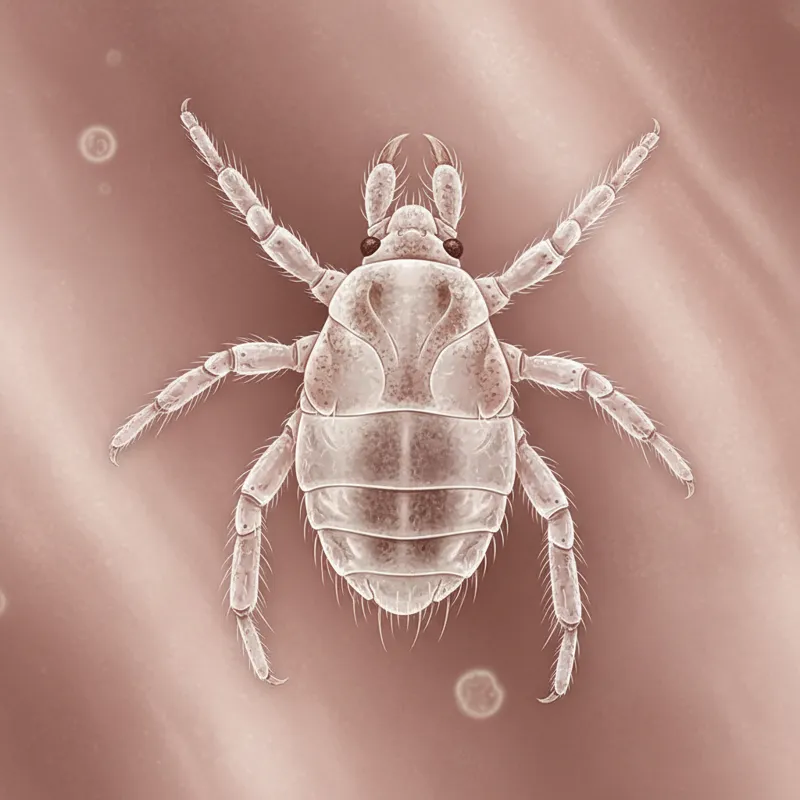 A close-up, clear micrograph image of an Otodectes cynotis ear mite, showing its characteristic oval body and eight legs, along with a blurred backgro