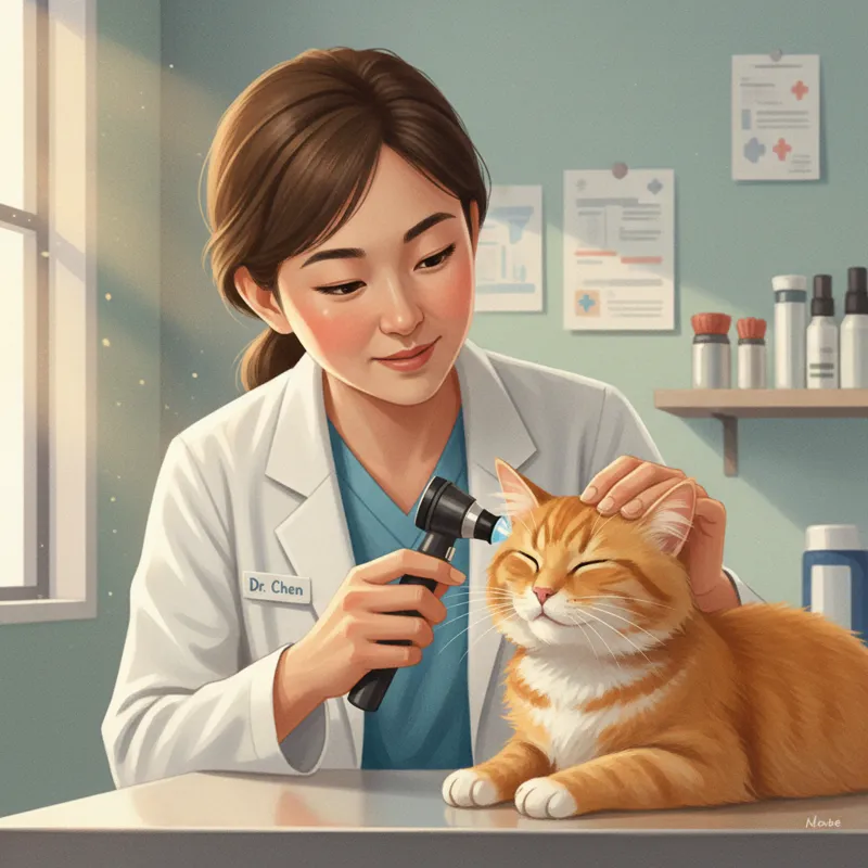 A veterinarian gently holding a cat's head, using an otoscope to examine its ear canal, with a focused expression. The cat appears calm.