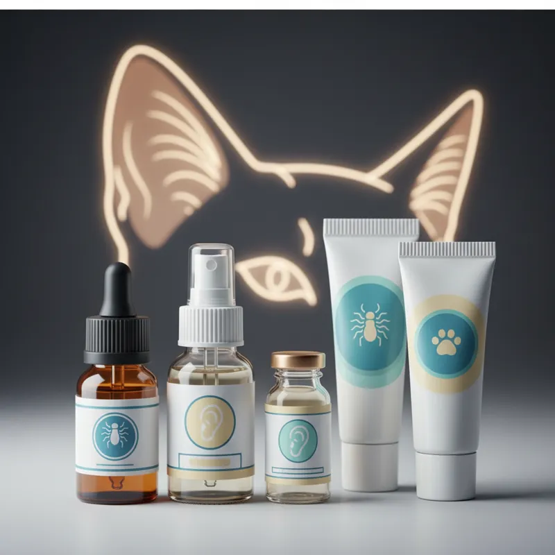 A close-up of a range of small, labeled bottles and tubes representing different types of ear mite medications, possibly with a cat's ear silhouette s