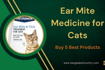 Advertisement for Petarmor Ear Mite & Tick Treatment for Cats, featuring a tabby cat's head on a product label. Text reads: 'Ear Mite Medicine for Cats', 'Buy 5 Best Products'.
