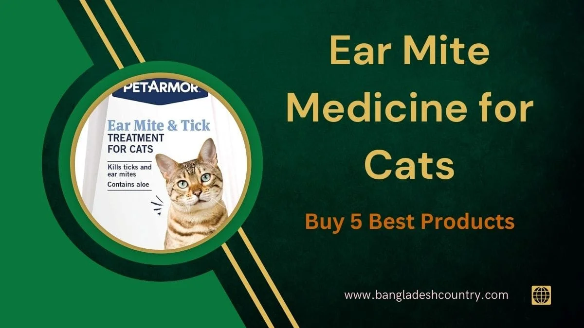 Advertisement for Petarmor Ear Mite & Tick Treatment for Cats, featuring a tabby cat's head on a product label. Text reads: 'Ear Mite Medicine for Cats', 'Buy 5 Best Products'.