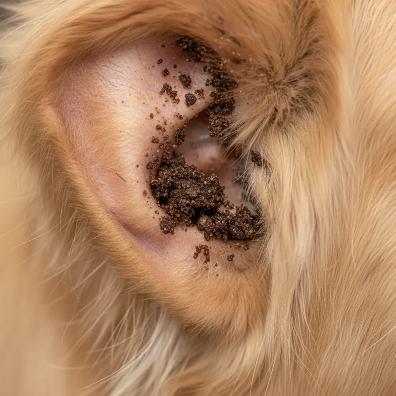 Close-up of a dog's ear showing typical ear mite debris (dark, waxy discharge).