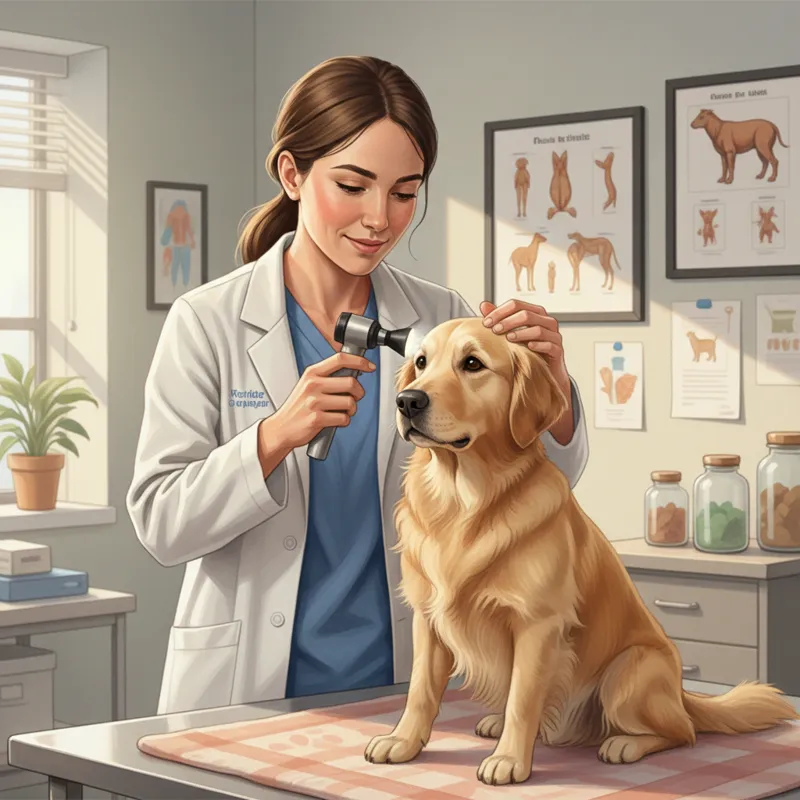 A veterinarian gently examining a dog's ear with an otoscope.