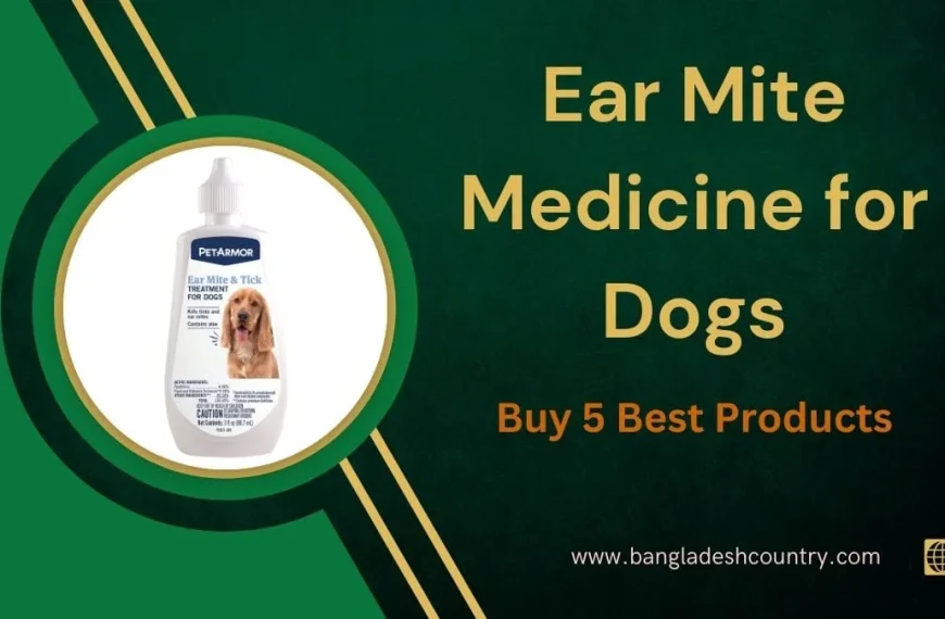 PetArmor Ear Mite & Tick Treatment for Dogs bottle on a green background with gold text 'Ear Mite Medicine for Dogs: Buy 5 Best Products'.