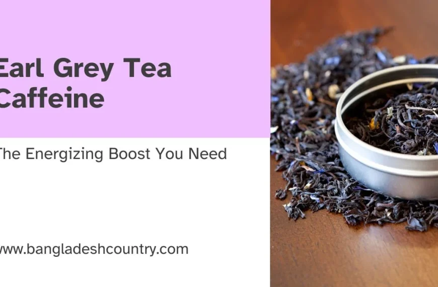 A close-up of loose-leaf Earl Grey tea with blue cornflower petals in and around a silver tin on a wooden surface, with text reading 'Earl Grey Tea Caffeine'.