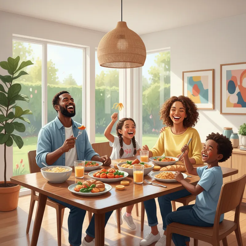 A diverse family of four (parents and two children) laughing and eating a meal together at a modern wooden dining table in a bright, inviting dining r