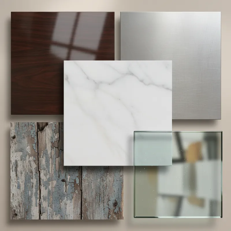 A collage of close-up textures: polished dark wood, rough reclaimed wood, smooth white marble, clear tempered glass, and a sleek metal tabletop, showc