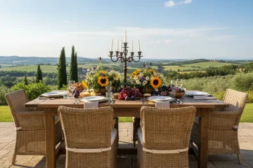 A rustic wooden eating table with four chairs, set with plates and cutlery, ready for a meal in a cozy dining room.