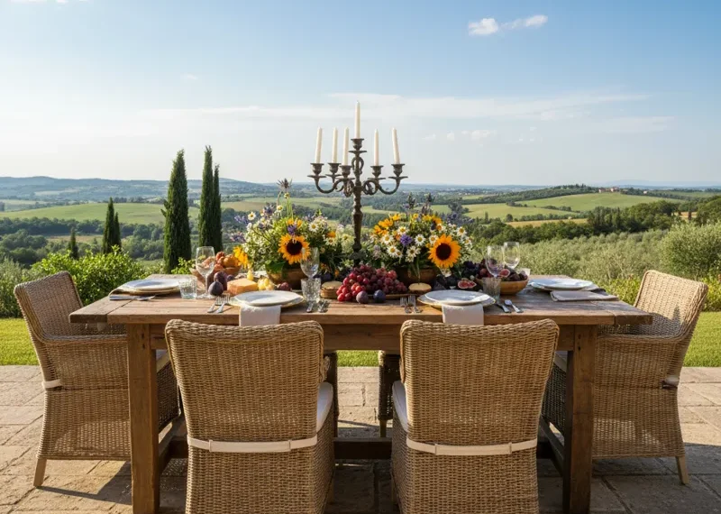 A rustic wooden eating table with four chairs, set with plates and cutlery, ready for a meal in a cozy dining room.