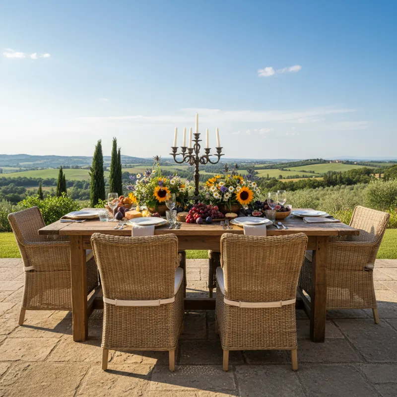 A rustic wooden eating table with four chairs, set with plates and cutlery, ready for a meal in a cozy dining room.
