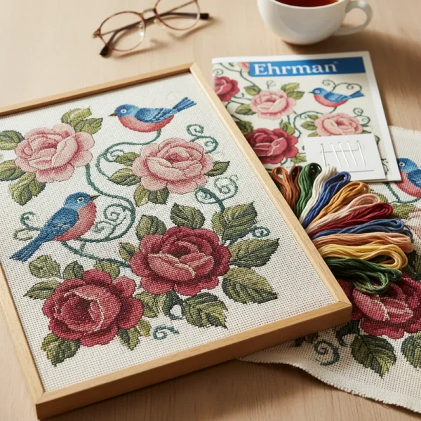Ehrman tapestry kit showcasing colorful wool yarns, a printed needlepoint canvas, and instructions, ready for a crafting project.