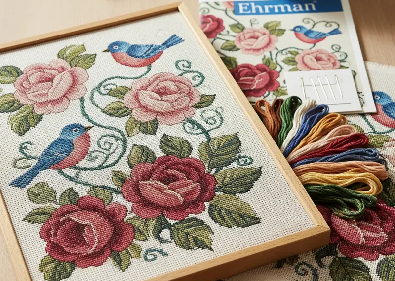 Ehrman tapestry kit showcasing colorful wool yarns, a printed needlepoint canvas, and instructions, ready for a crafting project.