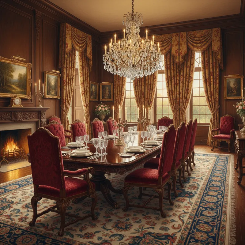 A wide shot of a luxurious dining room featuring a large, ornate wooden dining table with high-backed upholstered chairs. The room has warm lighting,