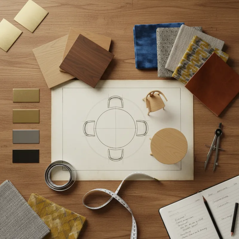 A detailed flat lay showing various material swatches (wood, fabric, metal), a measuring tape, a floor plan sketch, and miniature dining table and cha