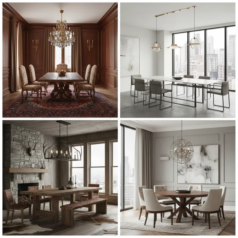A collage showing four different luxurious dining room styles: one traditional with dark wood and ornate carvings, one modern with clean lines and mix