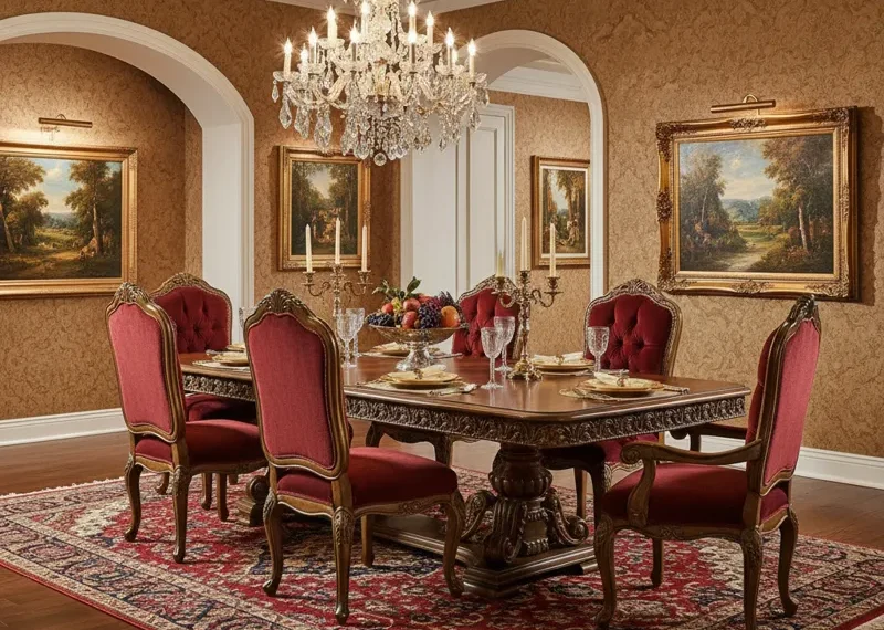 Luxurious El Dorado dining room set featuring a grand rectangular table, eight elegant upholstered chairs, and a matching sideboard in a rich, dark wood finish with ornate details.