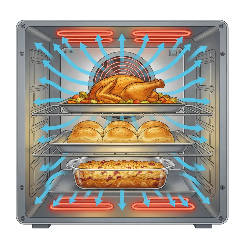 A detailed cutaway diagram of an electric convection oven interior, showing the fan, heating elements, and airflow paths indicated by arrows, with var