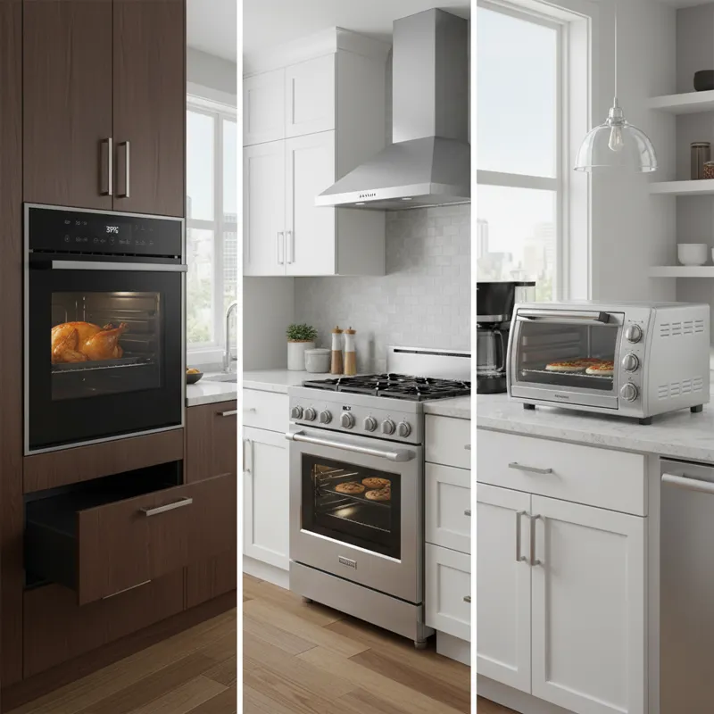 A comparison image showing different configurations of electric convection ovens: a built-in wall oven, a freestanding range, and a countertop model.