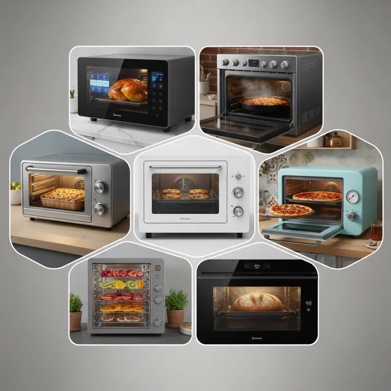 A collage of seven distinct, modern electric convection ovens, each representing a different category (e.g., sleek smart oven, robust professional-sty