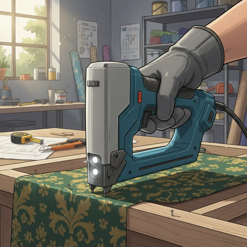 A close-up shot of a modern, ergonomic electric staple gun being used to fasten fabric to a wooden frame. The user's hand is visible, demonstrating co