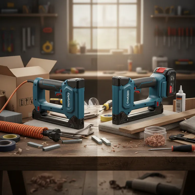 A side-by-side comparison image of a corded electric staple gun and a cordless electric staple gun on a workbench. The corded model has a visible powe