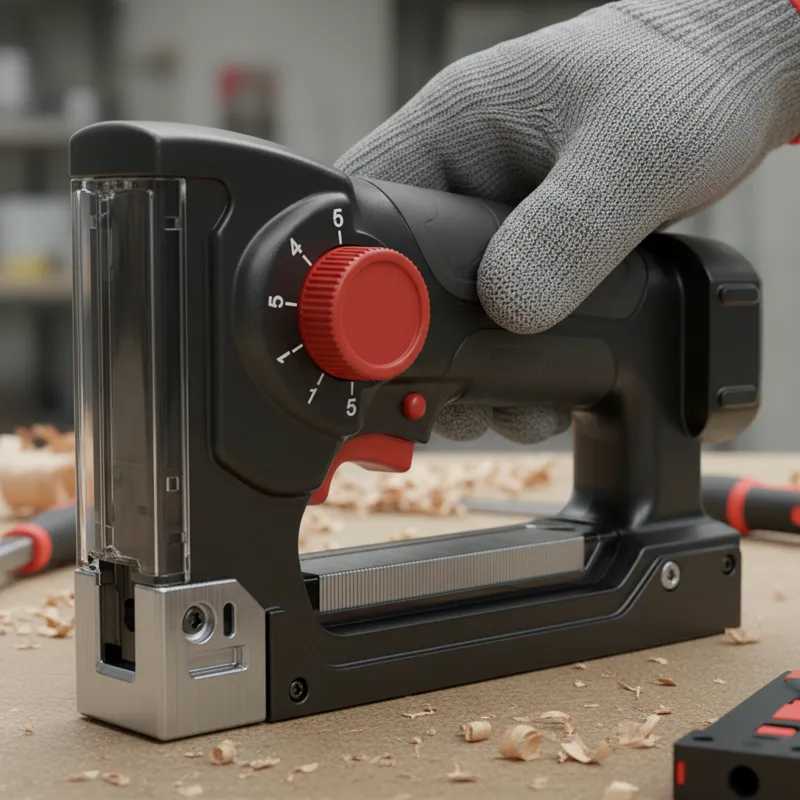 A close-up shot highlighting the adjustable depth knob and staple magazine of a modern electric staple gun. The focus is on the mechanism, showing cle