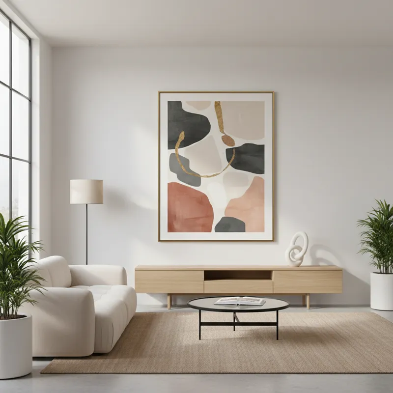 A minimalist living room with a large, abstract piece of elegant artwork on the main wall, bathed in natural light. The colors are muted but sophistic