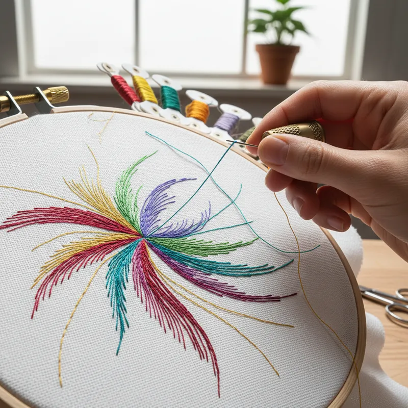 A close-up shot of a hand actively embroidering a design onto a stretched canvas, showcasing the needle and colorful threads against the fabric textur