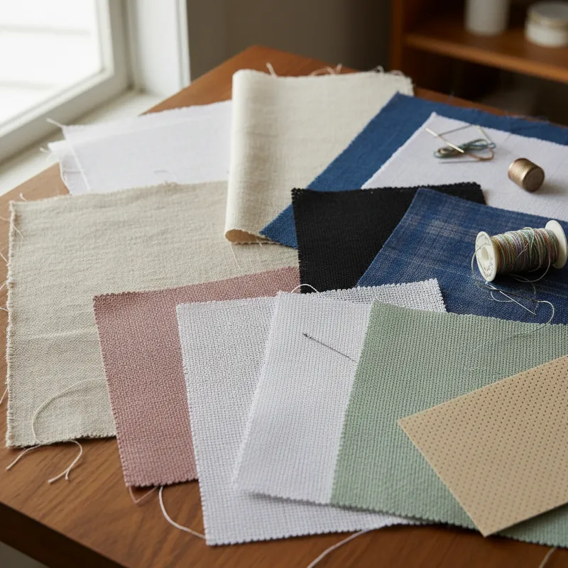 A diverse selection of embroidery canvas swatches laid out, showing different weaves, colors, and textures like cotton, linen, and Aida cloth.