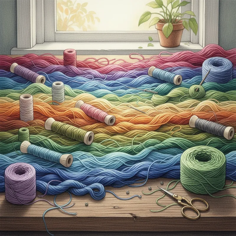 A vibrant collection of various embroidery threads and flosses, including cotton, silk, and wool, displayed in an organized manner with different text