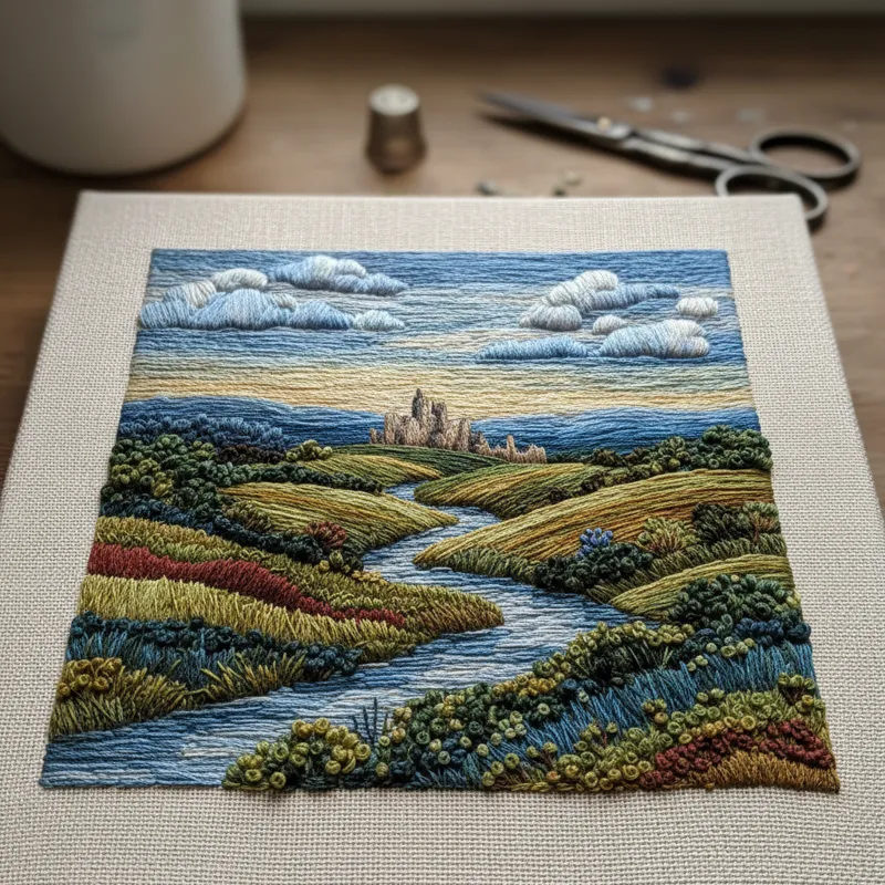 Close-up of a vibrant floral design hand-embroidered on a canvas fabric, showcasing intricate needlework and colorful threads.