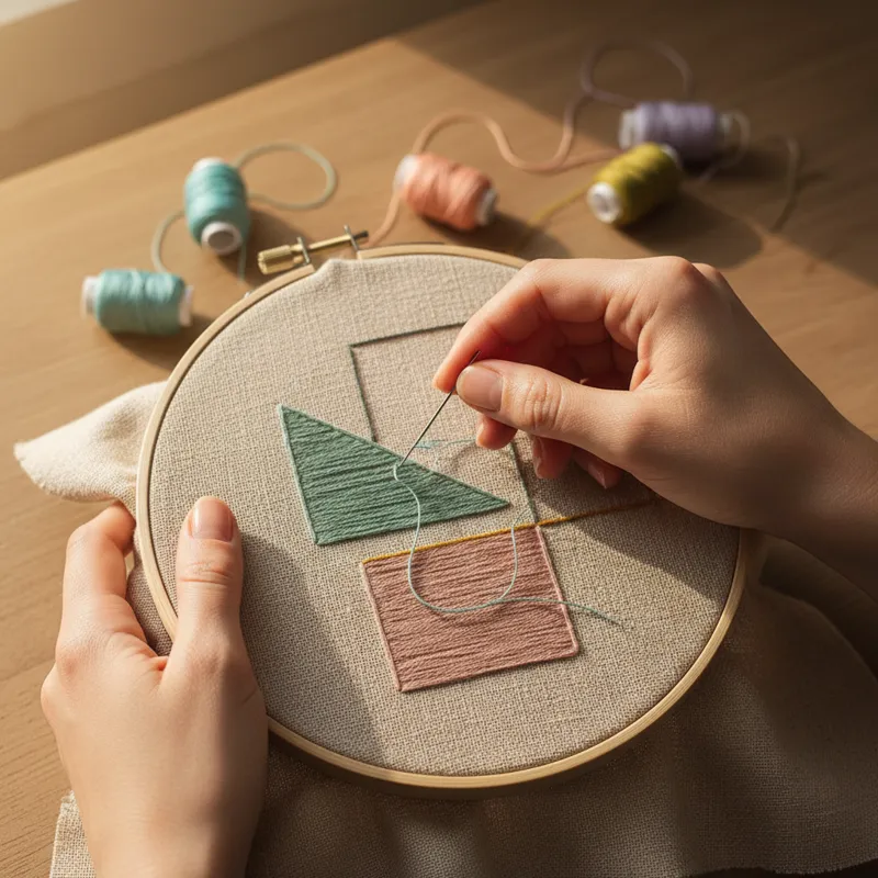 A close-up shot of hands meticulously embroidering a modern, minimalist design onto a piece of natural linen fabric, with a few spools of colorful thr