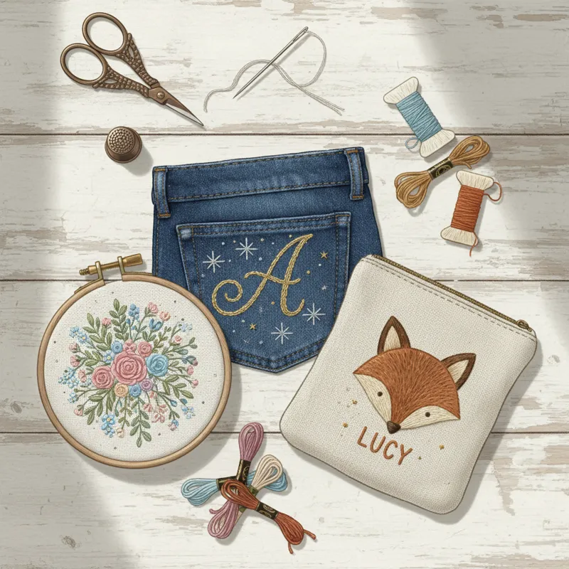 A flat lay of various small embroidered items: a personalized denim pocket, a small framed hoop with a floral motif, and a customized fabric pouch, al