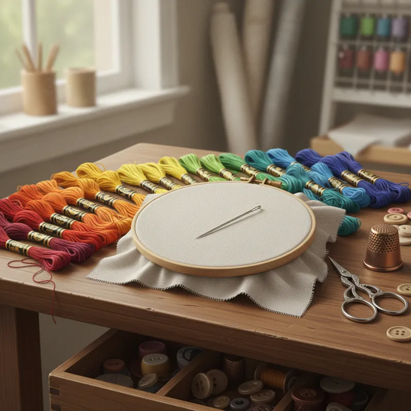 A well-organized craft table showing various embroidery supplies: a wooden hoop, several skeins of colorful DMC floss neatly arranged, a small pair of