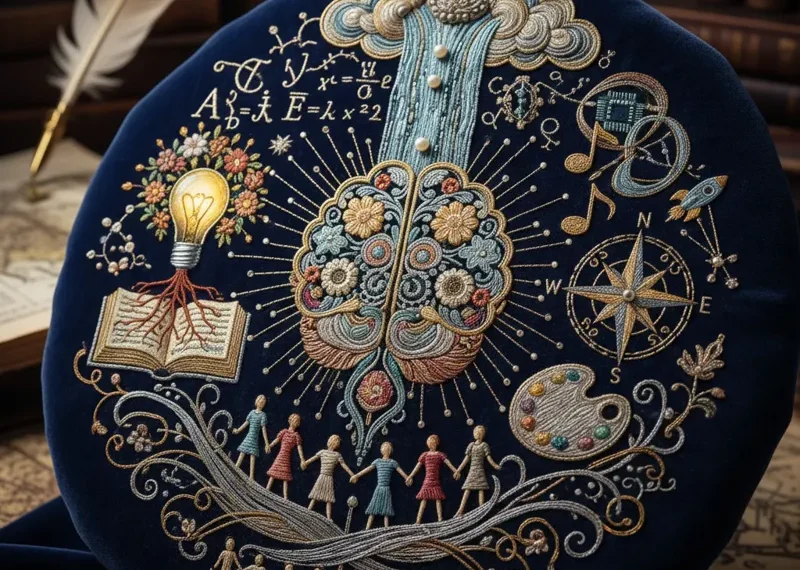 Close-up of intricate hand embroidery on natural fabric, depicting abstract thought bubbles and a stylized lightbulb design crafted with vibrant, multi-colored threads.