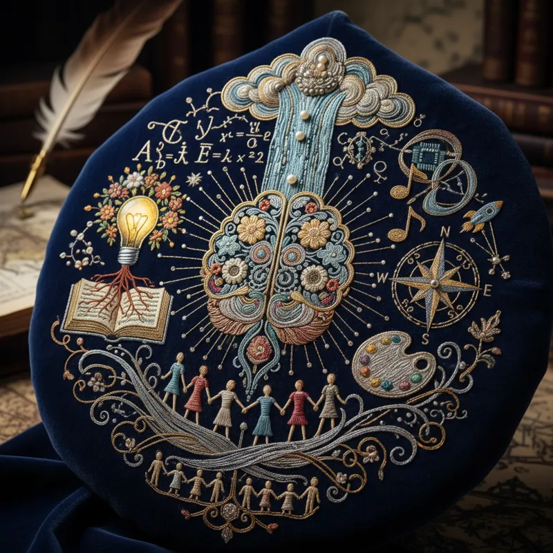Close-up of intricate hand embroidery on natural fabric, depicting abstract thought bubbles and a stylized lightbulb design crafted with vibrant, multi-colored threads.