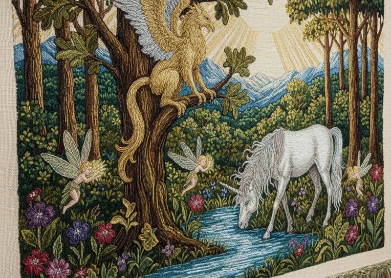 Close-up of an intricately embroidered tapestry featuring vibrant floral patterns and mythological creatures, showcasing detailed needlework and rich textures.