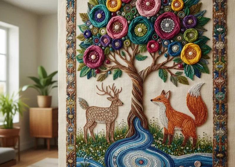 Close-up of a beautiful handmade embroidered wall art piece featuring a vibrant floral design with green leaves and pink flowers, framed in a wooden hoop and hanging on a light-colored wall.