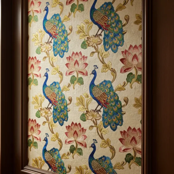 Close-up of elegant embroidered wallpaper featuring intricate floral patterns and delicate stitching, showcasing a luxurious texture for interior design.