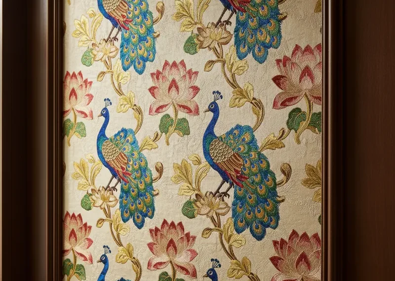 Close-up of elegant embroidered wallpaper featuring intricate floral patterns and delicate stitching, showcasing a luxurious texture for interior design.
